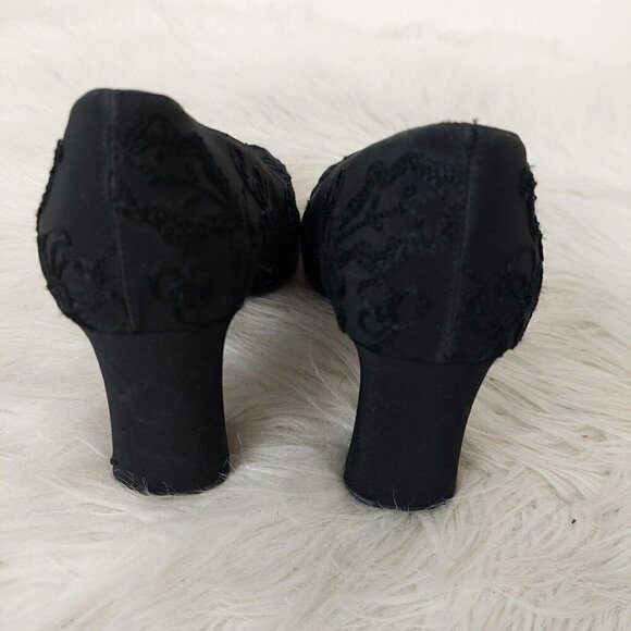 YSL Yves Saint Laurent Sz 8 M Vintage Black Embroidered Floral Chunky Heel Pumps - Picture 5 of 10